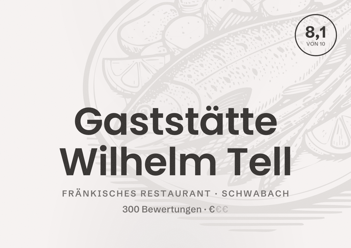 Illustriertes Poster von Gaststätte Wilhelm Tell, Fränkisches Restaurant in Schwabach: Bewertung 8,1 von 10 aus 300 Bewertungen, Preisniveau €