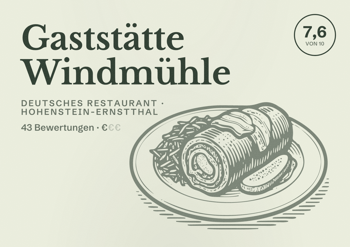 Illustriertes Poster von Gaststätte Windmühle, Deutsches Restaurant in Hohenstein-Ernstthal: Bewertung 7,6 von 10 aus 43 Bewertungen, Preisniveau €