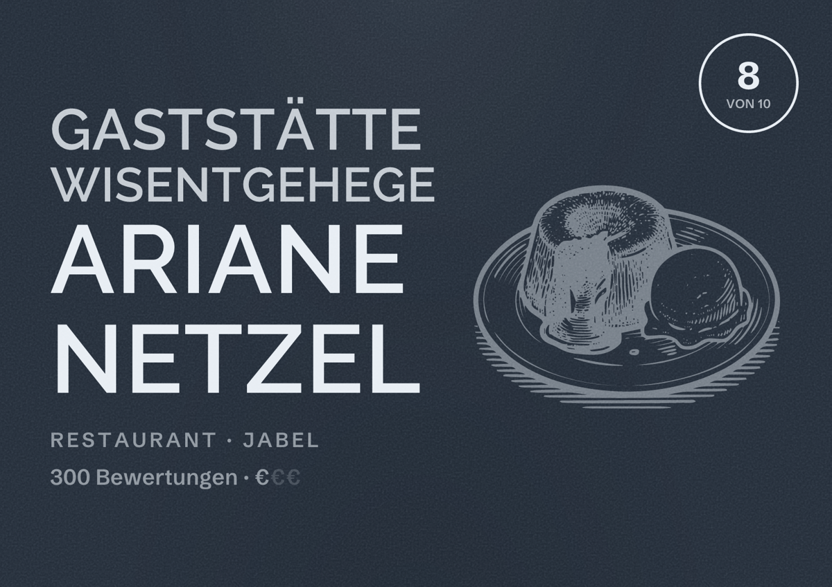 Illustriertes Poster von Gaststätte Wisentgehege Ariane Netzel, Restaurant in Jabel: Bewertung 8 von 10 aus 300 Bewertungen, Preisniveau €