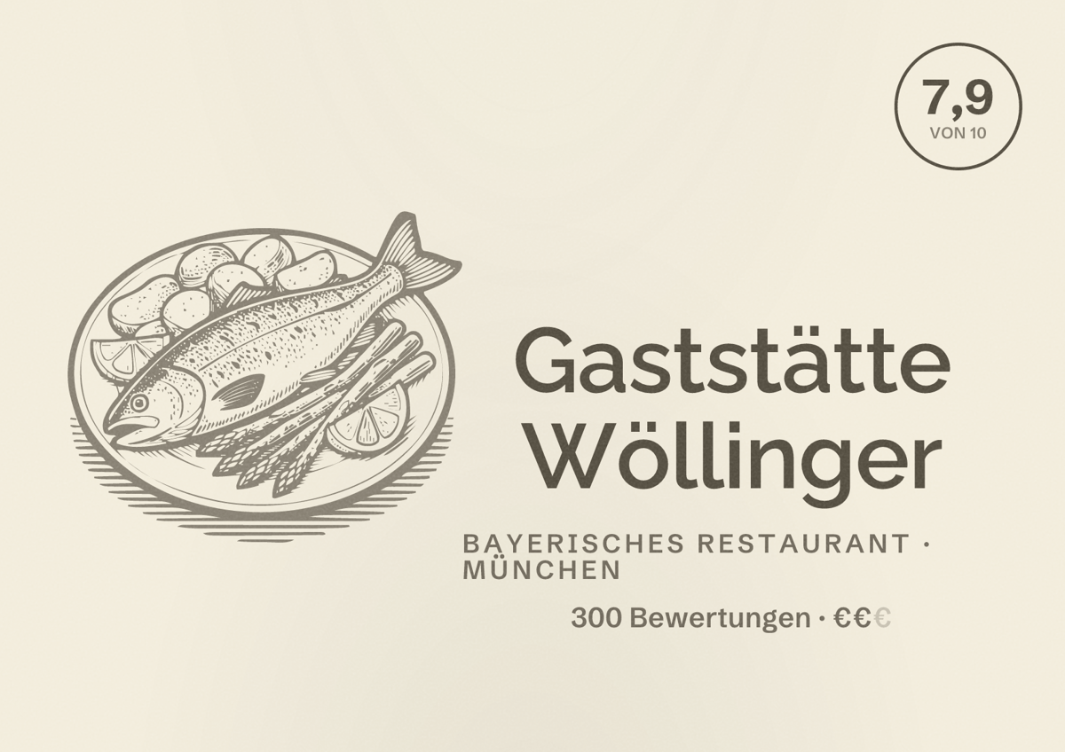 Illustriertes Poster von Gaststätte Wöllinger, Bayerisches Restaurant in München: Bewertung 7,9 von 10 aus 300 Bewertungen, Preisniveau €€