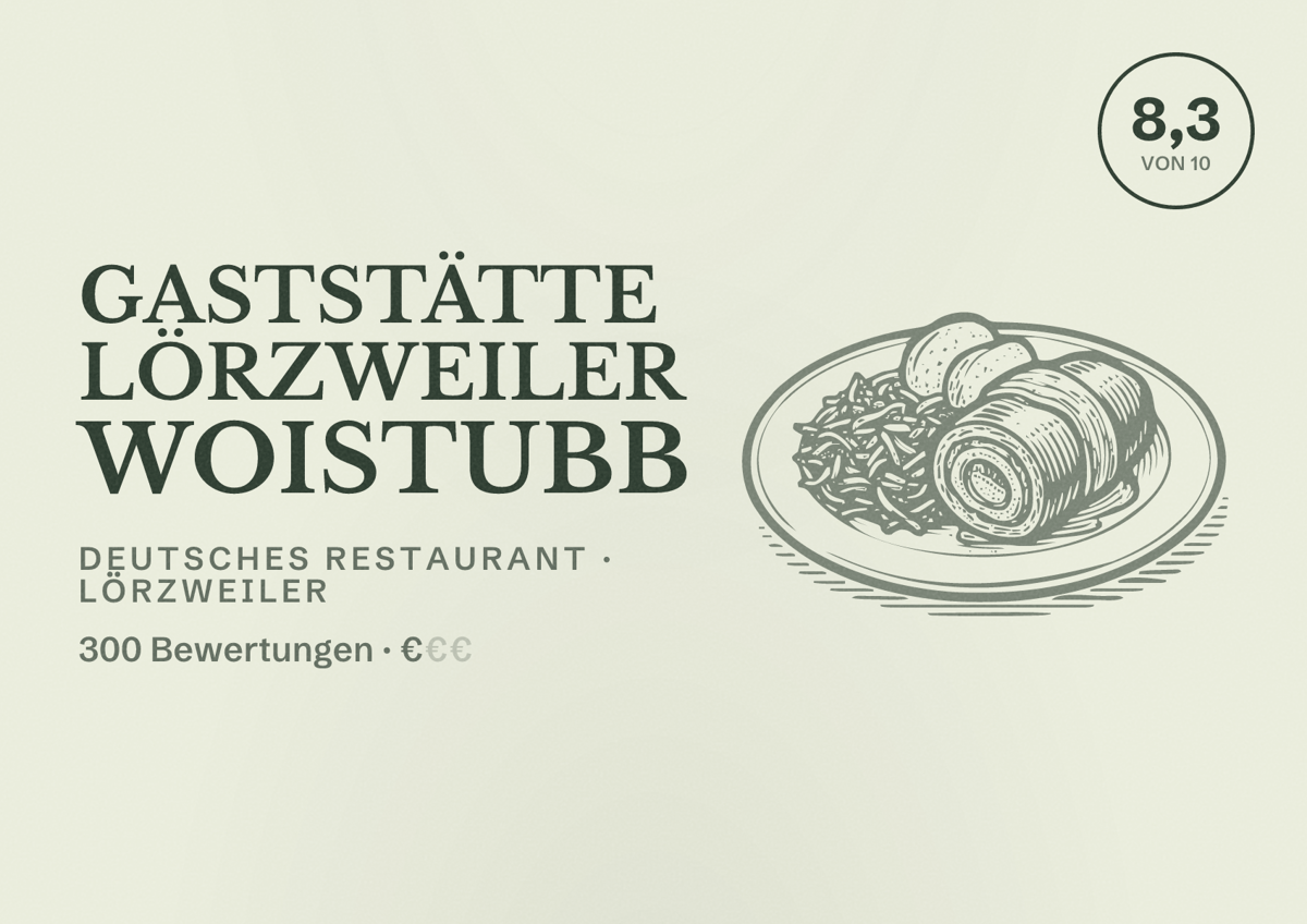 Illustriertes Poster von Gaststätte Lörzweiler Woistubb, Deutsches Restaurant in Lörzweiler: Bewertung 8,3 von 10 aus 300 Bewertungen, Preisniveau €