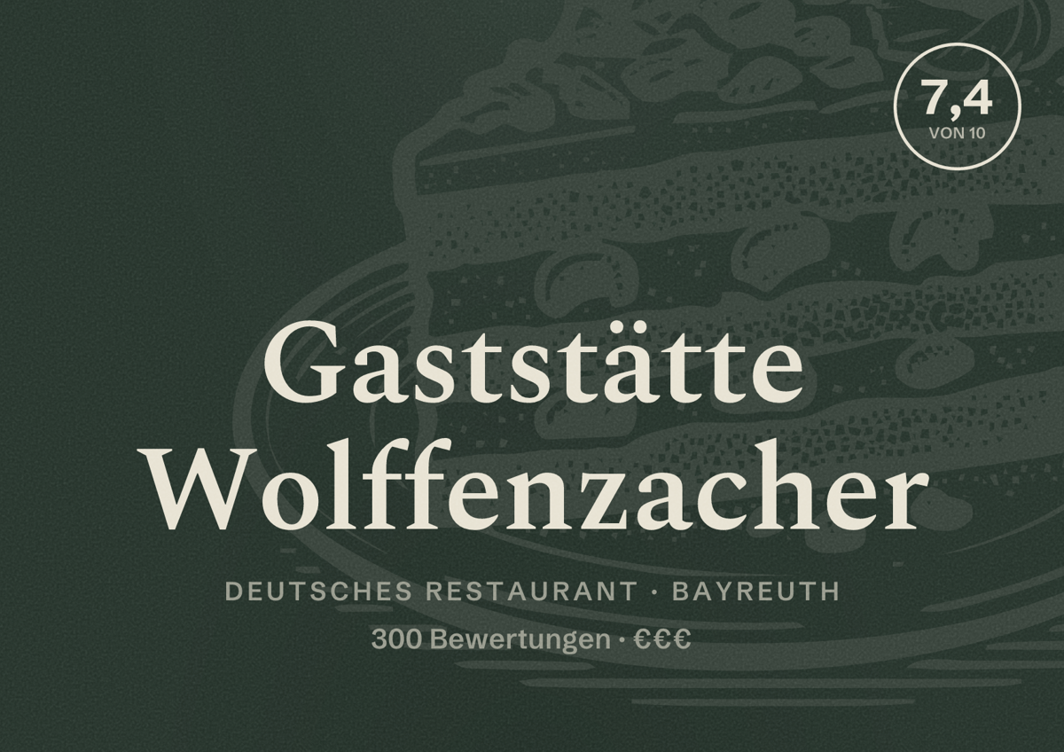 Illustriertes Poster von Gaststätte Wolffenzacher, Deutsches Restaurant in Bayreuth: Bewertung 7,4 von 10 aus 300 Bewertungen, Preisniveau €€€