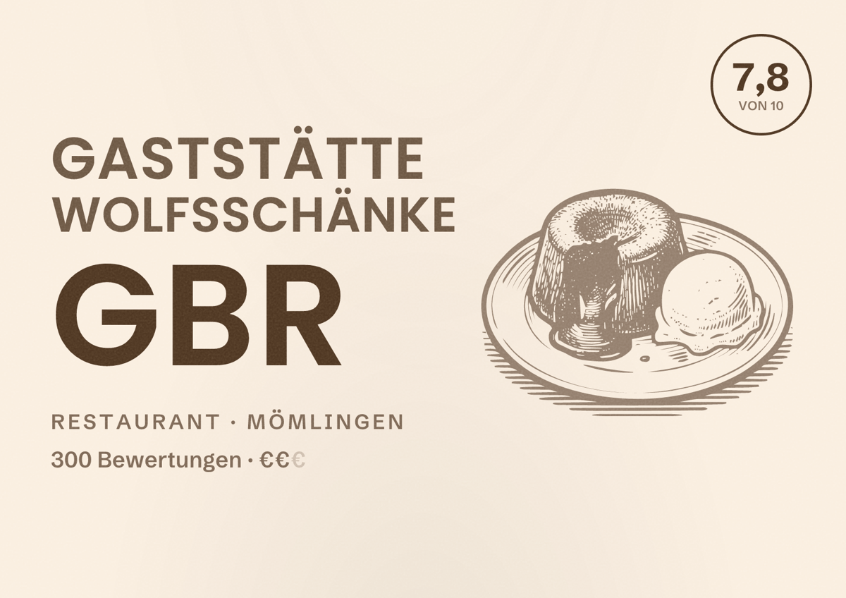 Illustriertes Poster von Gaststätte Wolfsschänke GbR, Restaurant in Mömlingen: Bewertung 7,8 von 10 aus 300 Bewertungen, Preisniveau €€