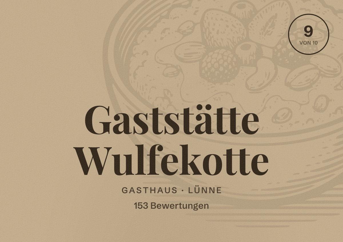 Illustriertes Poster von Gaststätte Wulfekotte, Gasthaus in Lünne: Bewertung 9 von 10 aus 153 Bewertungen