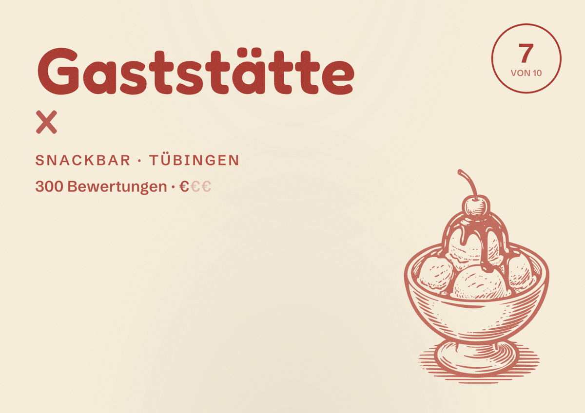 Illustriertes Poster von Gaststätte X, Snackbar in Tübingen: Bewertung 7 von 10 aus 300 Bewertungen, Preisniveau €