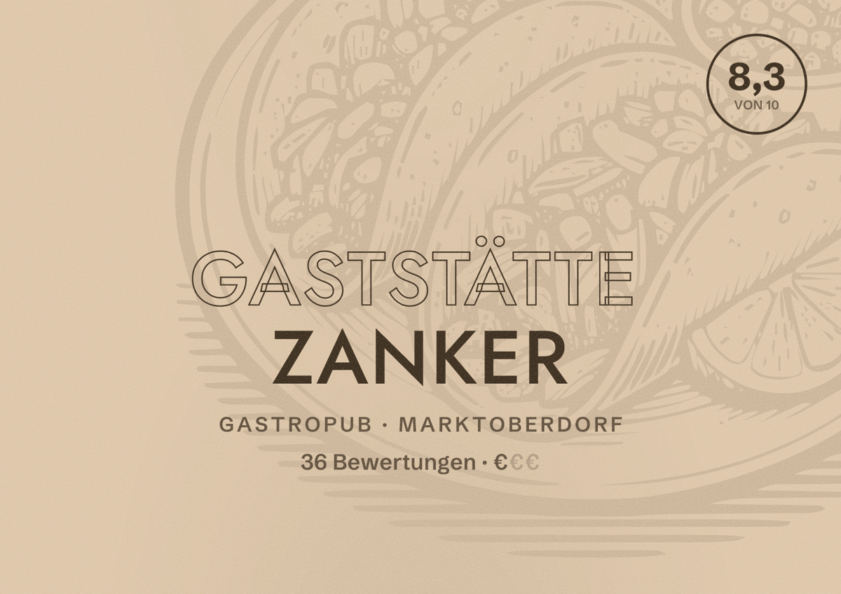 Illustriertes Poster von Gaststätte Zanker, Gastropub in Marktoberdorf: Bewertung 8,3 von 10 aus 36 Bewertungen, Preisniveau €