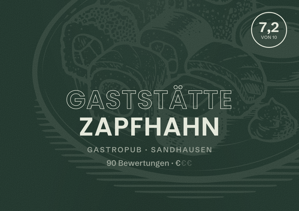 Illustriertes Poster von Gaststätte Zapfhahn, Gastropub in Sandhausen: Bewertung 7,2 von 10 aus 90 Bewertungen, Preisniveau €