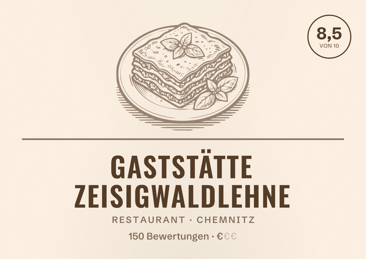 Illustriertes Poster von Gaststätte Zeisigwaldlehne, Restaurant in Chemnitz: Bewertung 8,5 von 10 aus 150 Bewertungen, Preisniveau €