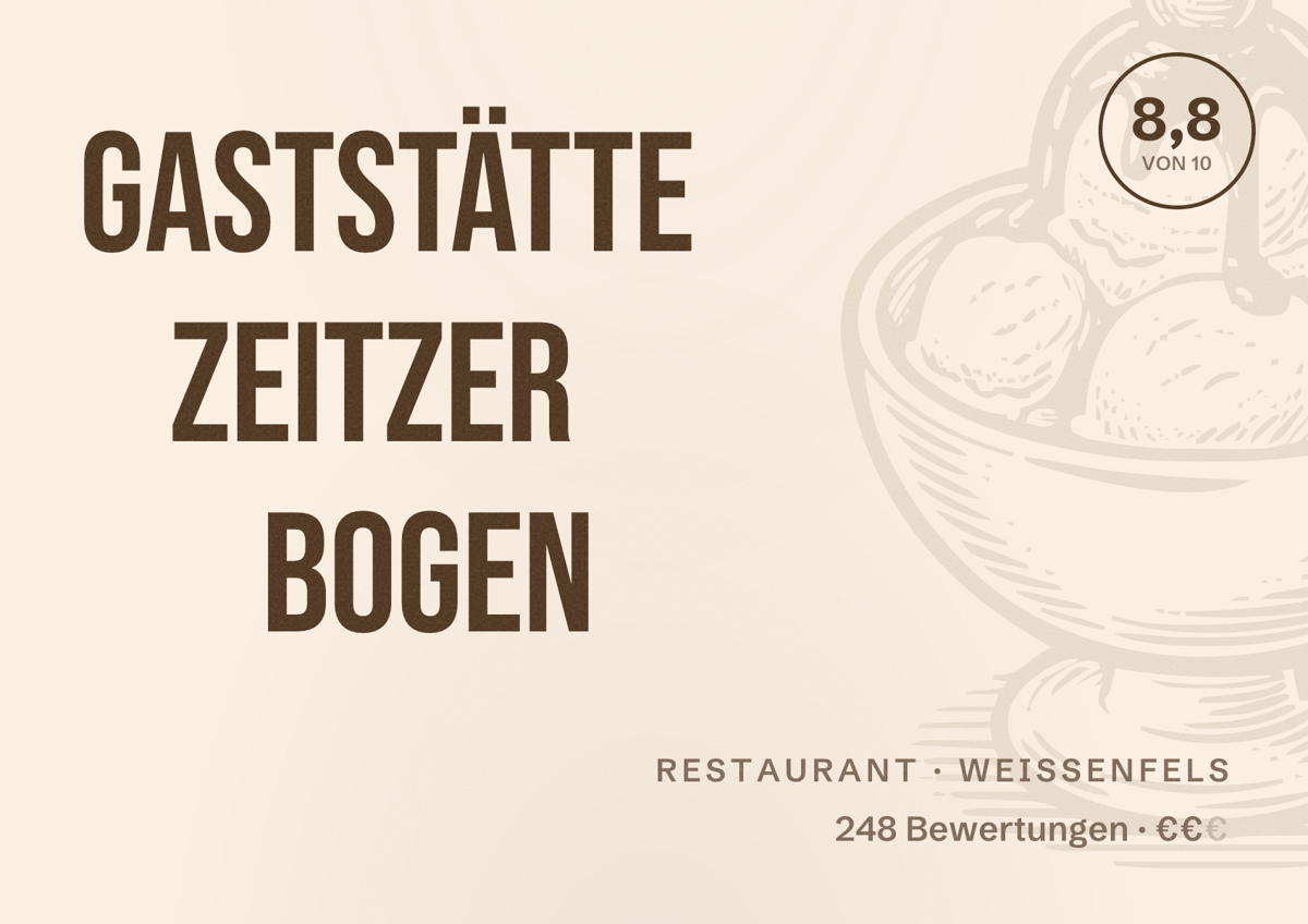 Illustriertes Poster von Gaststätte Zeitzer Bogen, Restaurant in Weißenfels: Bewertung 8,8 von 10 aus 248 Bewertungen, Preisniveau €€