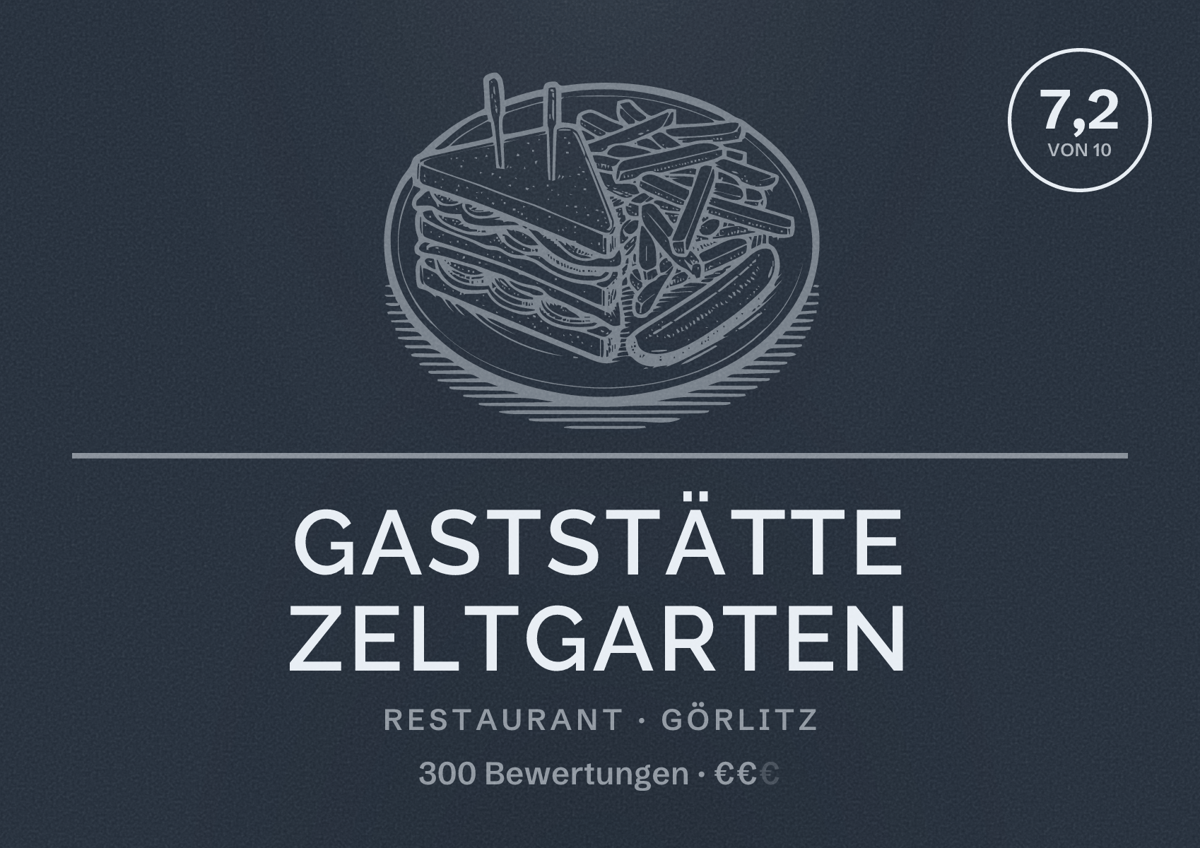 Illustriertes Poster von Gaststätte Zeltgarten, Restaurant in Görlitz: Bewertung 7,2 von 10 aus 300 Bewertungen, Preisniveau €€