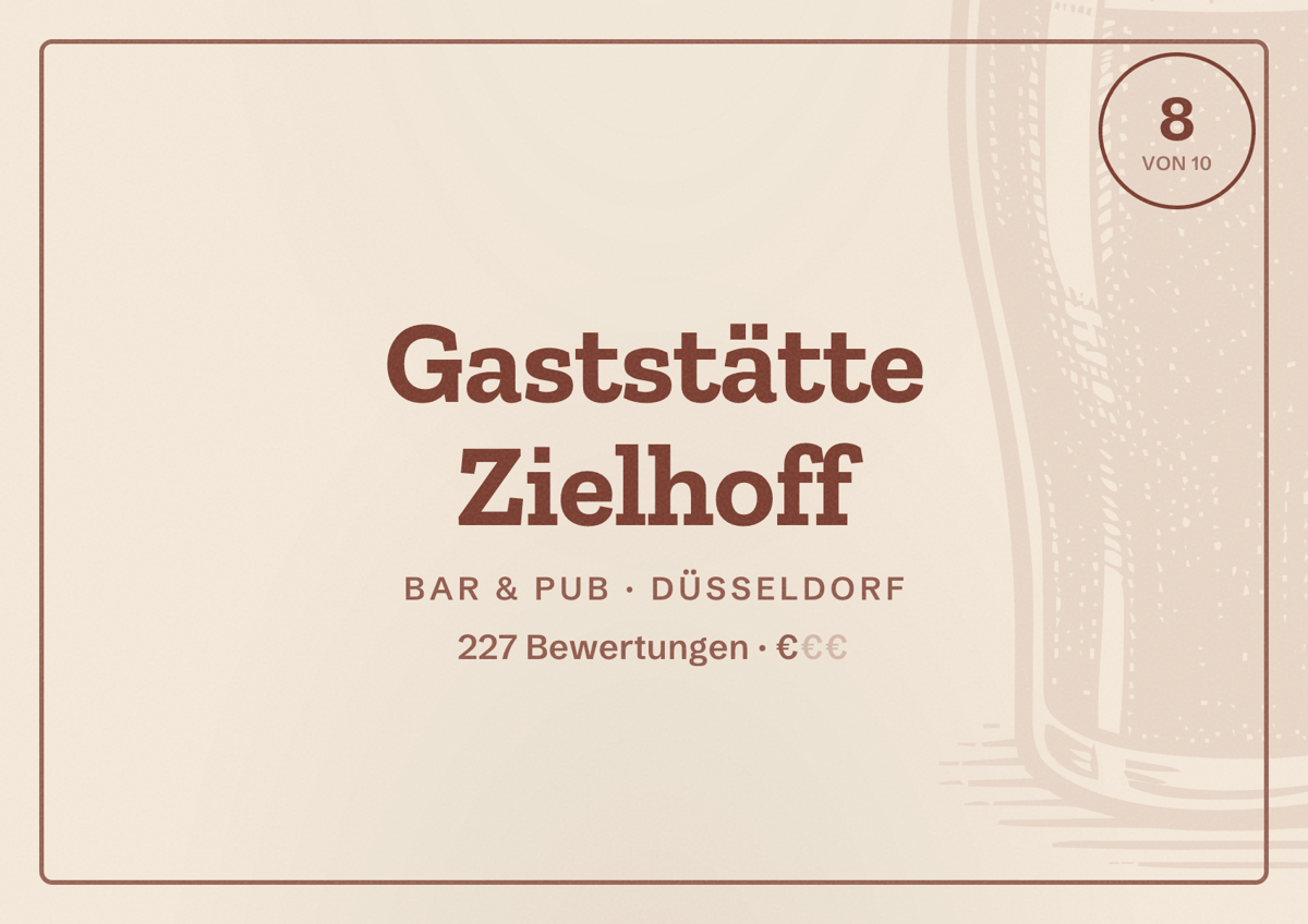 Illustriertes Poster von Gaststätte Zielhoff, Bar & Pub in Düsseldorf: Bewertung 8 von 10 aus 227 Bewertungen, Preisniveau €
