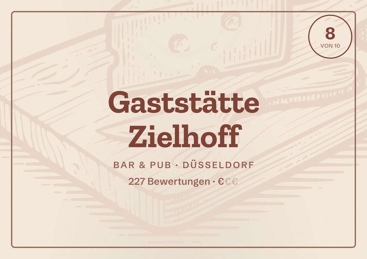 Illustriertes Poster von Gaststätte Zielhoff, Bar & Pub in Düsseldorf: Bewertung 8,0 von 10 aus 227 Bewertungen, Preisniveau €