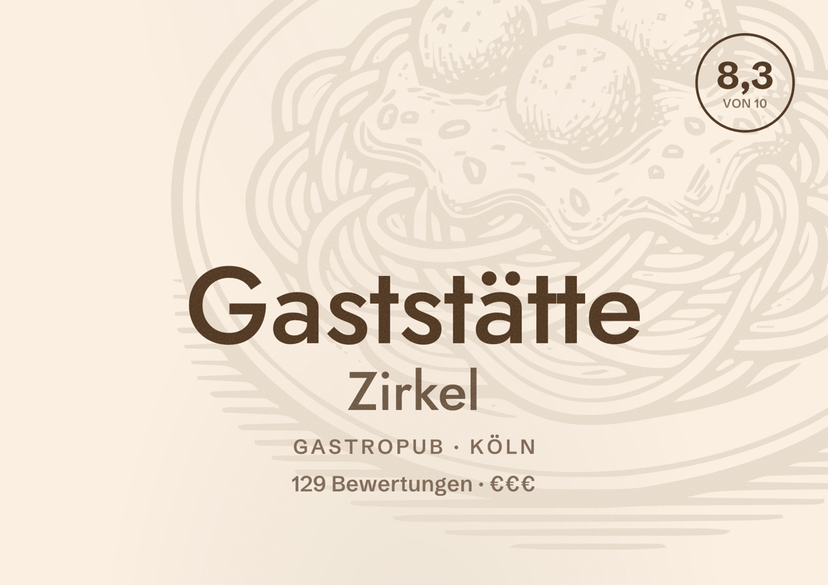 Illustriertes Poster von Gaststätte Zirkel, Gastropub in Köln: Bewertung 8,3 von 10 aus 129 Bewertungen, Preisniveau €€€