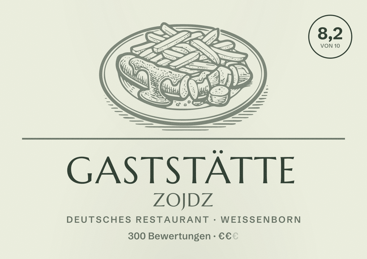 Illustriertes Poster von Gaststätte Zojdz, Deutsches Restaurant in Weißenborn: Bewertung 8,2 von 10 aus 300 Bewertungen, Preisniveau €€