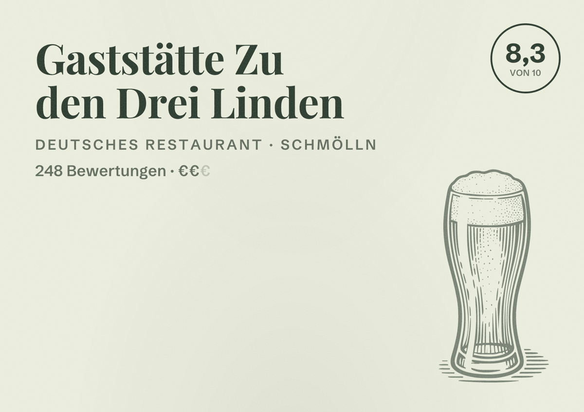 Illustriertes Poster von Gaststätte Zu den Drei Linden, Deutsches Restaurant in Schmölln: Bewertung 8,3 von 10 aus 248 Bewertungen, Preisniveau €€