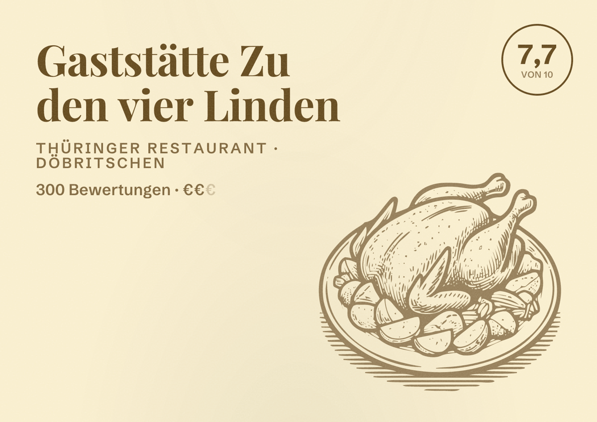 Illustriertes Poster von Gaststätte Zu den vier Linden, Thüringer Restaurant in Döbritschen: Bewertung 7,7 von 10 aus 300 Bewertungen, Preisniveau €€