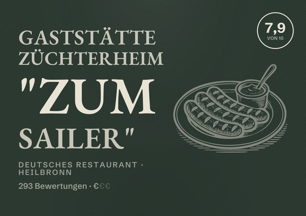 Illustriertes Poster von Gaststätte Züchterheim "Zum Sailer", Deutsches Restaurant in Heilbronn: Bewertung 7,9 von 10 aus 293 Bewertungen, Preisniveau €