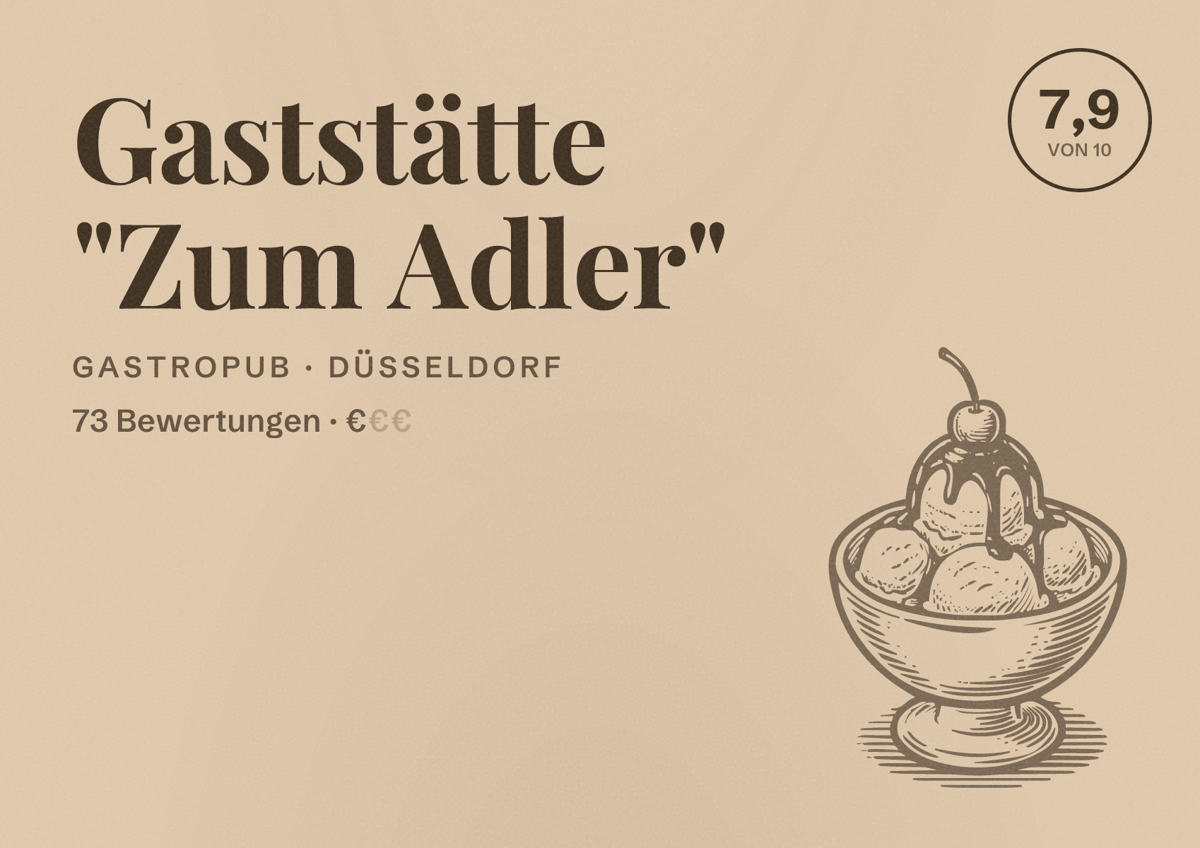 Illustriertes Poster von Gaststätte "Zum Adler", Gastropub in Düsseldorf: Bewertung 7,9 von 10 aus 73 Bewertungen, Preisniveau €