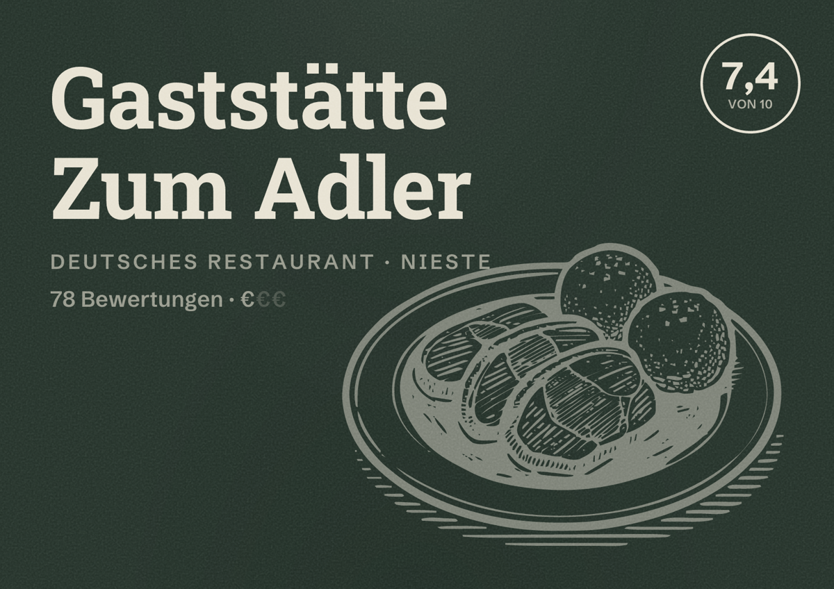 Illustriertes Poster von Gaststätte Zum Adler, Deutsches Restaurant in Nieste: Bewertung 7,4 von 10 aus 78 Bewertungen, Preisniveau €