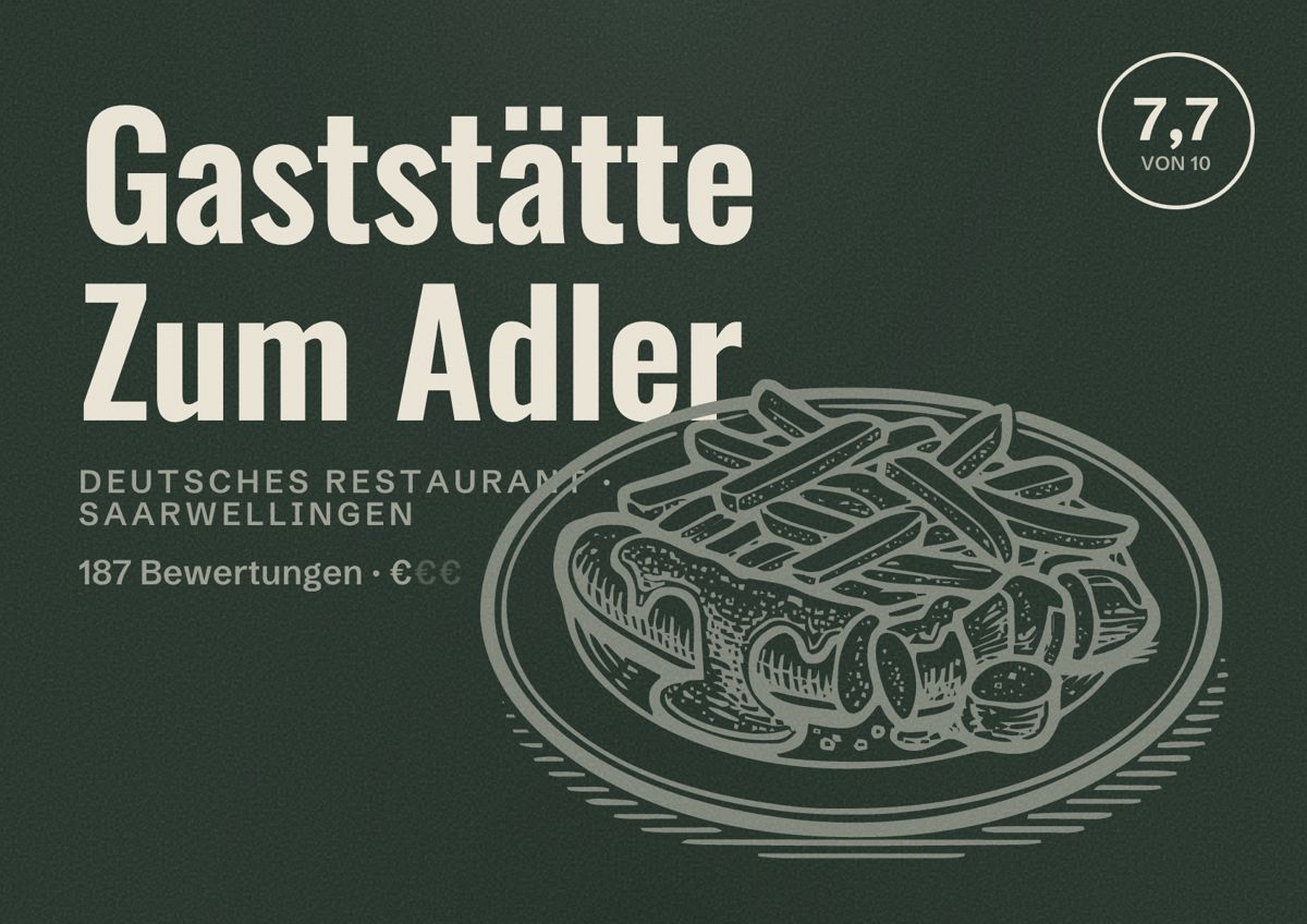 Illustriertes Poster von Gaststätte Zum Adler, Deutsches Restaurant in Saarwellingen: Bewertung 7,7 von 10 aus 187 Bewertungen, Preisniveau €