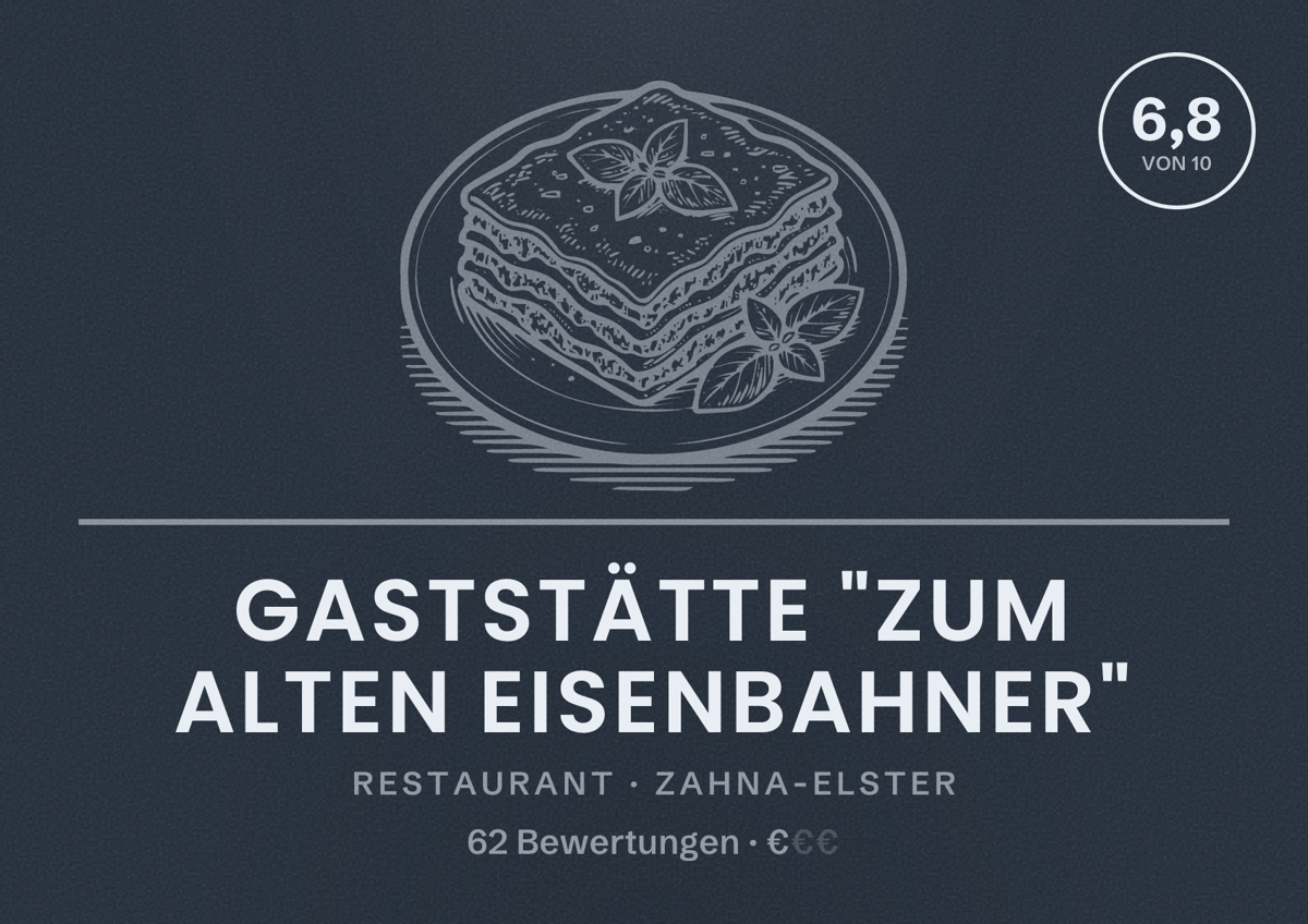 Illustriertes Poster von Gaststätte "Zum Alten Eisenbahner", Restaurant in Zahna-Elster: Bewertung 6,8 von 10 aus 62 Bewertungen, Preisniveau €