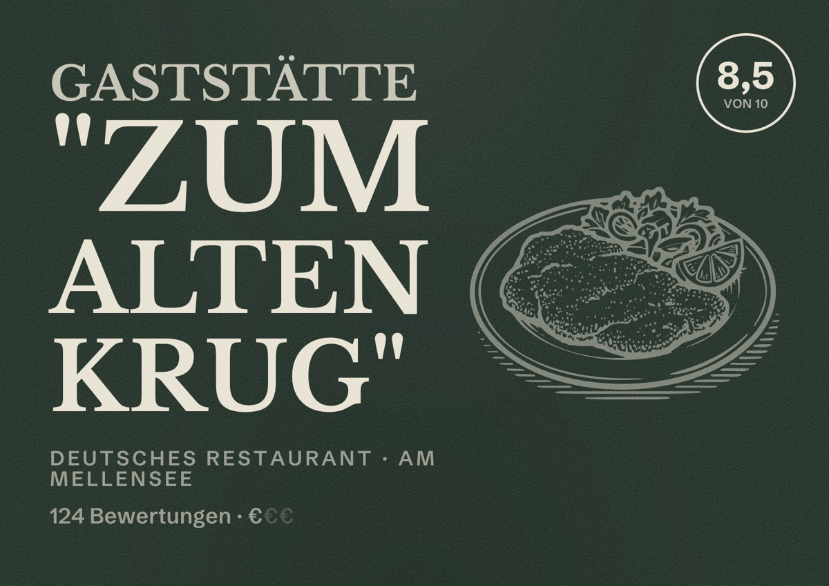 Illustriertes Poster von Gaststätte "Zum alten Krug", Deutsches Restaurant in Am Mellensee: Bewertung 8,5 von 10 aus 124 Bewertungen, Preisniveau €