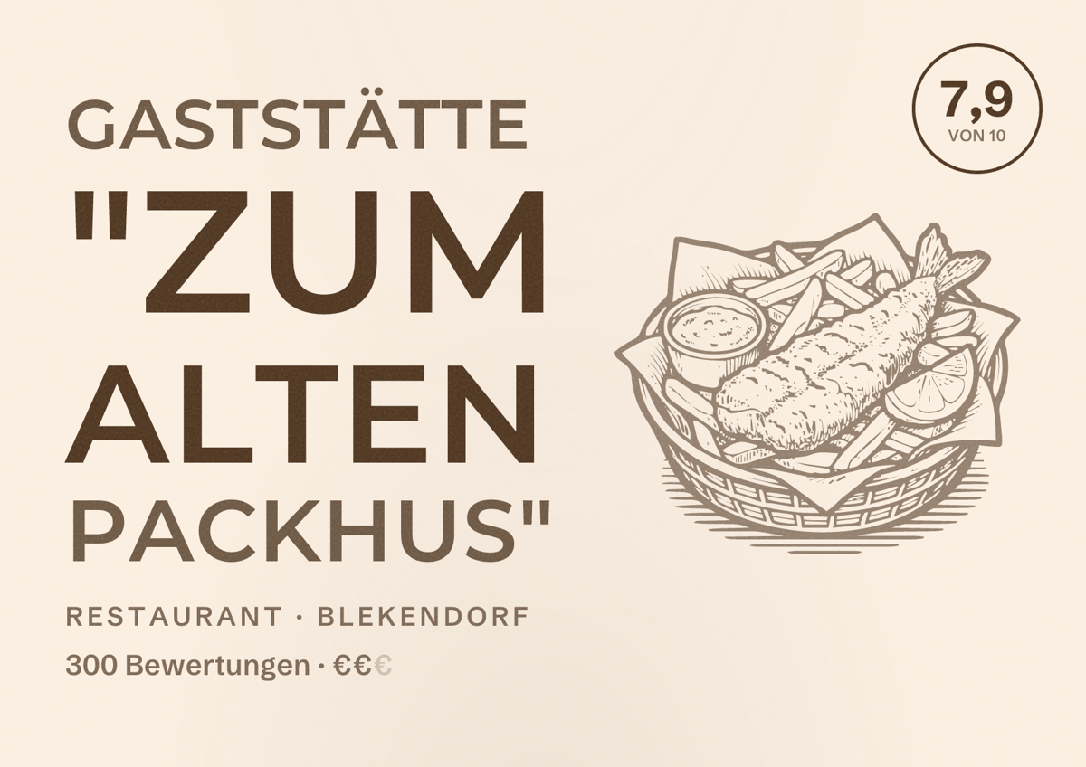 Illustriertes Poster von Gaststätte "Zum alten Packhus", Restaurant in Blekendorf: Bewertung 7,9 von 10 aus 300 Bewertungen, Preisniveau €€