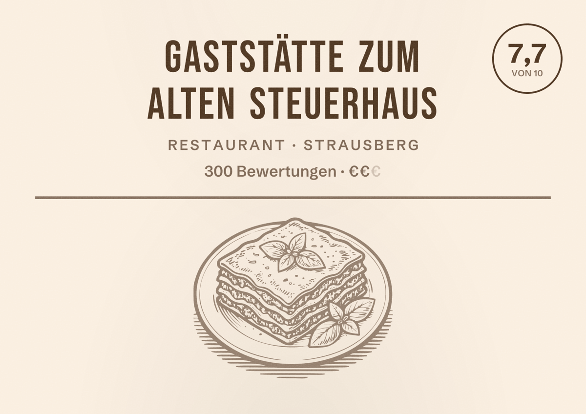 Illustriertes Poster von Gaststätte Zum Alten Steuerhaus, Restaurant in Strausberg: Bewertung 7,7 von 10 aus 300 Bewertungen, Preisniveau €€