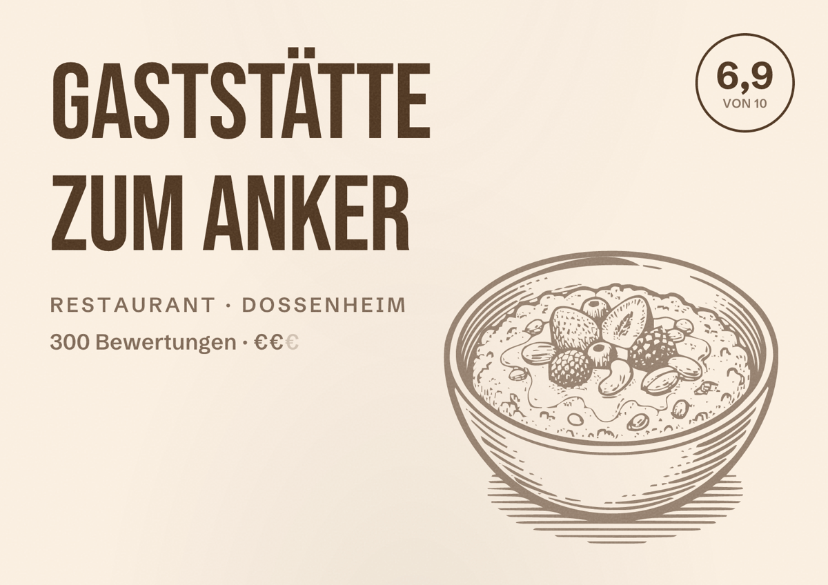 Illustriertes Poster von Gaststätte Zum Anker, Restaurant in Dossenheim: Bewertung 6,9 von 10 aus 300 Bewertungen, Preisniveau €€