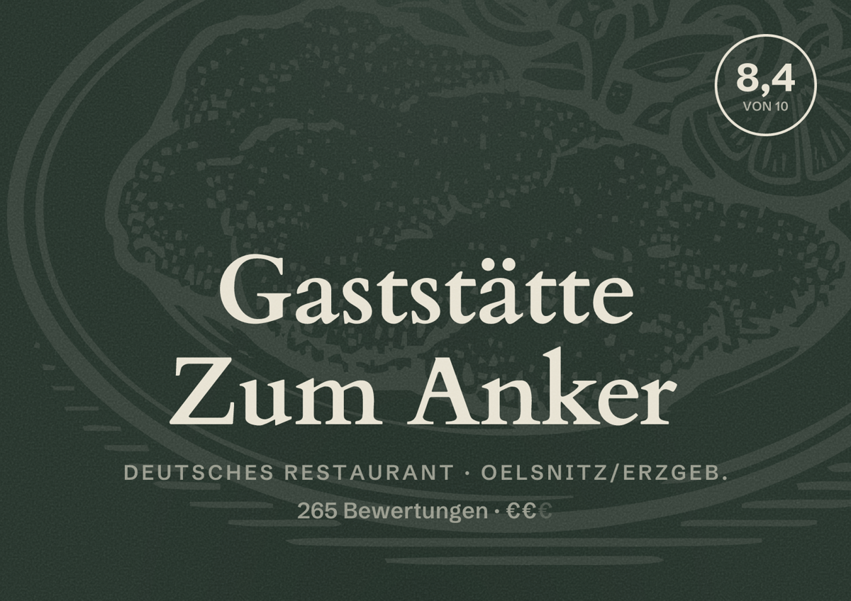 Illustriertes Poster von Gaststätte Zum Anker, Deutsches Restaurant in Oelsnitz/Erzgeb.: Bewertung 8,4 von 10 aus 265 Bewertungen, Preisniveau €€