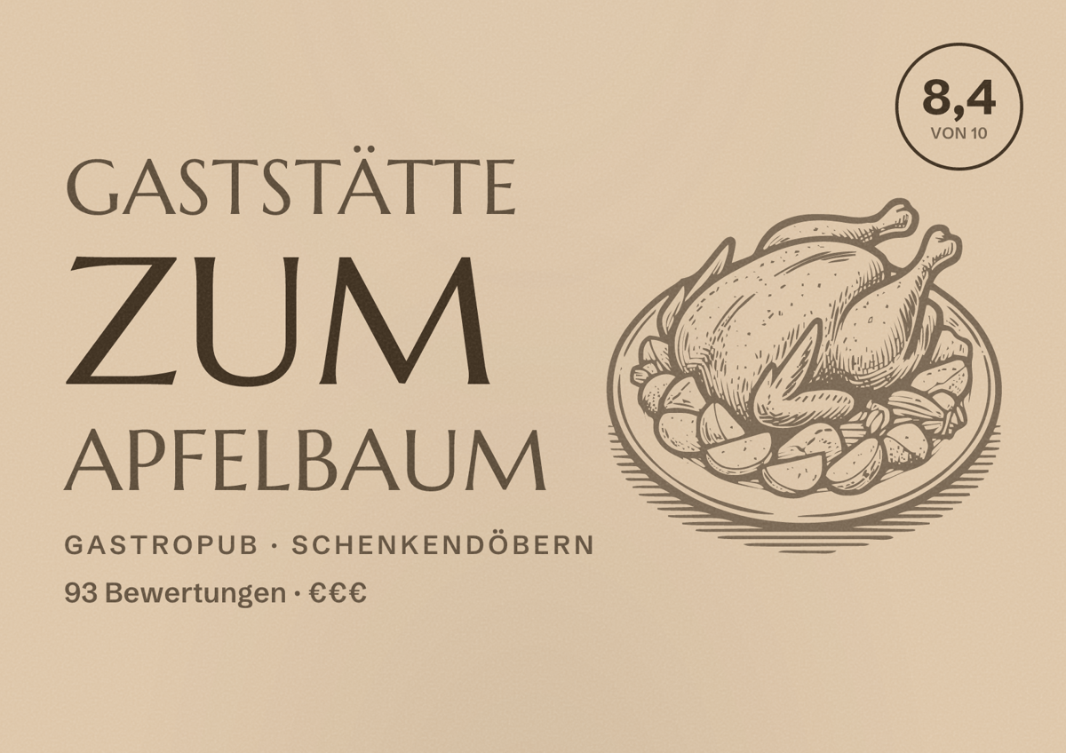 Illustriertes Poster von Gaststätte Zum Apfelbaum, Gastropub in Schenkendöbern: Bewertung 8,4 von 10 aus 93 Bewertungen, Preisniveau €€€
