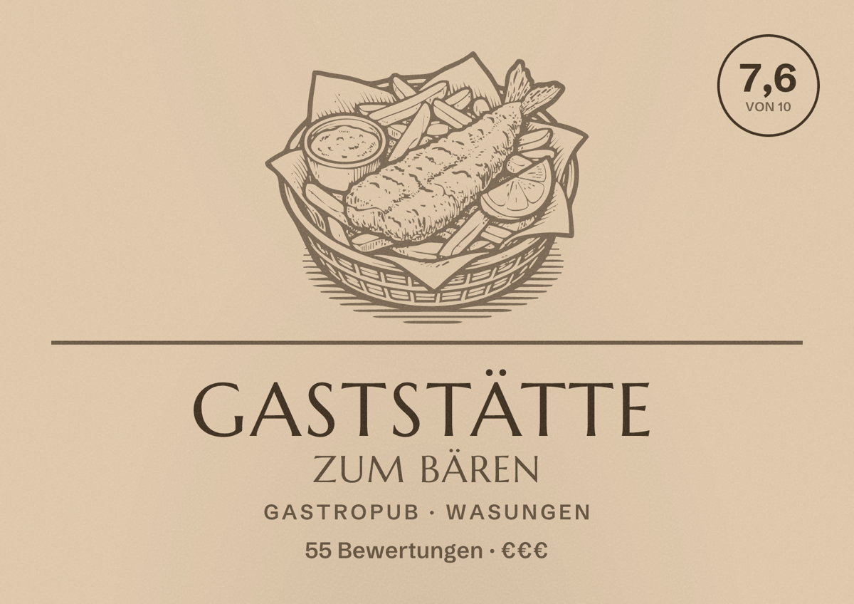 Illustriertes Poster von Gaststätte Zum Bären, Gastropub in Wasungen: Bewertung 7,6 von 10 aus 55 Bewertungen, Preisniveau €€€