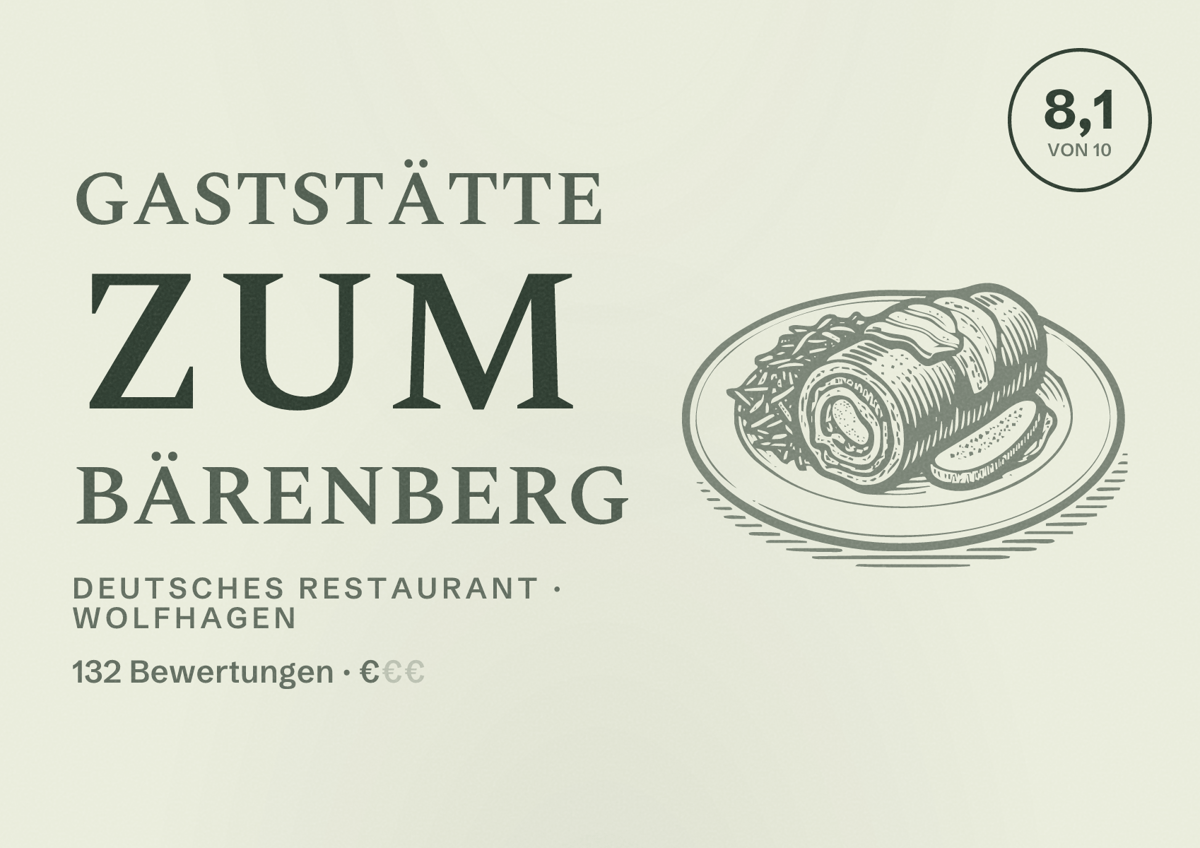 Illustriertes Poster von Gaststätte Zum Bärenberg, Deutsches Restaurant in Wolfhagen: Bewertung 8,1 von 10 aus 132 Bewertungen, Preisniveau €
