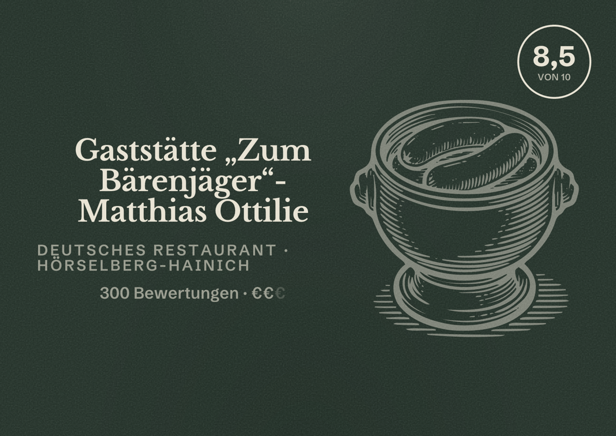 Illustriertes Poster von Gaststätte „Zum Bärenjäger“- Matthias Ottilie, Deutsches Restaurant in Hörselberg-Hainich: Bewertung 8,5 von 10 aus 300 Bewertungen, Preisniveau €€