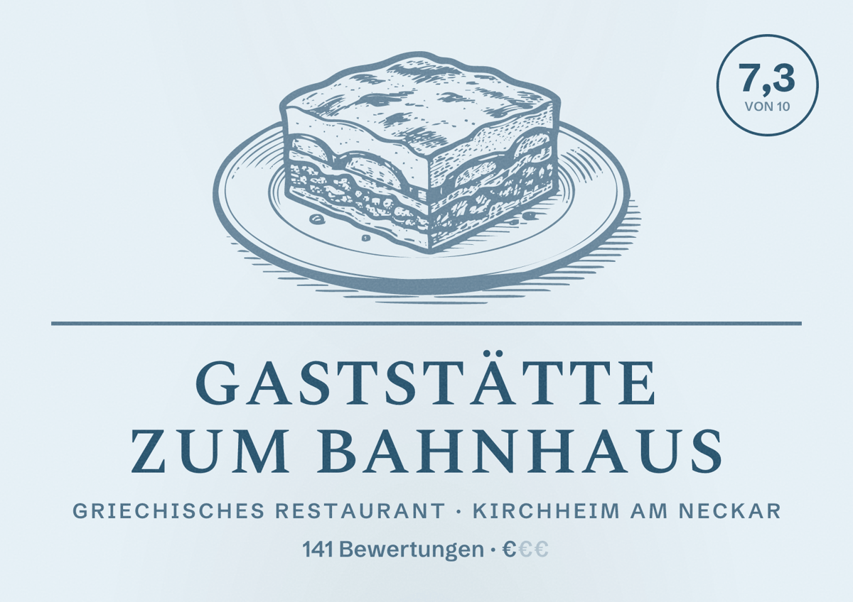 Illustriertes Poster von Gaststätte zum Bahnhaus, Griechisches Restaurant in Kirchheim am Neckar: Bewertung 7,3 von 10 aus 141 Bewertungen, Preisniveau €