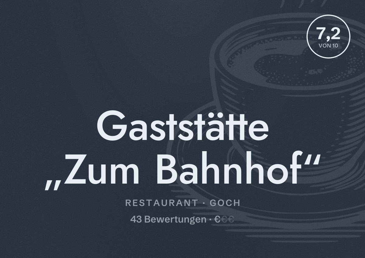 Illustriertes Poster von Gaststätte „Zum Bahnhof“, Restaurant in Goch: Bewertung 7,2 von 10 aus 43 Bewertungen, Preisniveau €