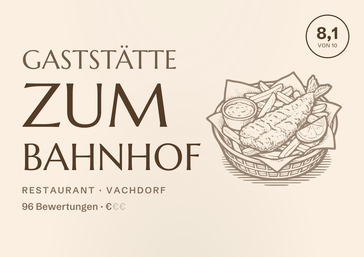 Illustriertes Poster von Gaststätte zum Bahnhof, Restaurant in Vachdorf: Bewertung 8,1 von 10 aus 96 Bewertungen, Preisniveau €