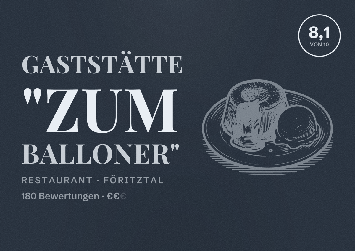 Illustriertes Poster von Gaststätte "Zum Balloner", Restaurant in Föritztal: Bewertung 8,1 von 10 aus 180 Bewertungen, Preisniveau €€