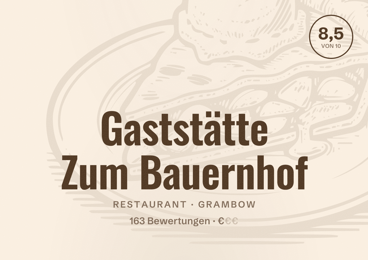 Illustriertes Poster von Gaststätte Zum Bauernhof, Restaurant in Grambow: Bewertung 8,5 von 10 aus 163 Bewertungen, Preisniveau €