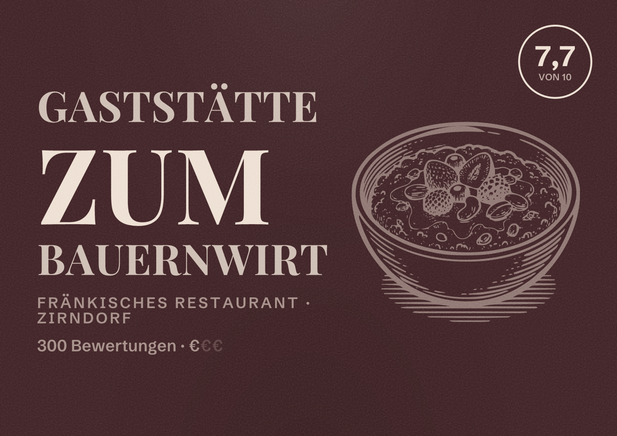 Illustriertes Poster von Gaststätte zum Bauernwirt, Fränkisches Restaurant in Zirndorf: Bewertung 7,7 von 10 aus 300 Bewertungen, Preisniveau €
