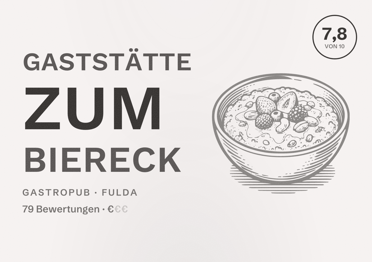 Illustriertes Poster von Gaststätte Zum Biereck, Gastropub in Fulda: Bewertung 7,8 von 10 aus 79 Bewertungen, Preisniveau €
