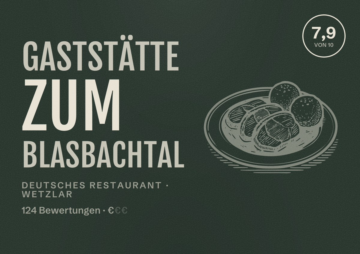 Illustriertes Poster von Gaststätte Zum Blasbachtal, Deutsches Restaurant in Wetzlar: Bewertung 7,9 von 10 aus 124 Bewertungen, Preisniveau €
