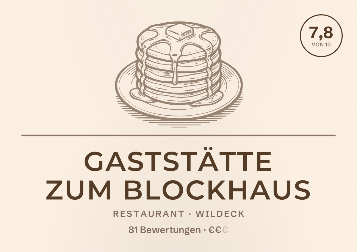Illustriertes Poster von Gaststätte zum Blockhaus, Restaurant in Wildeck: Bewertung 7,8 von 10 aus 81 Bewertungen, Preisniveau €€