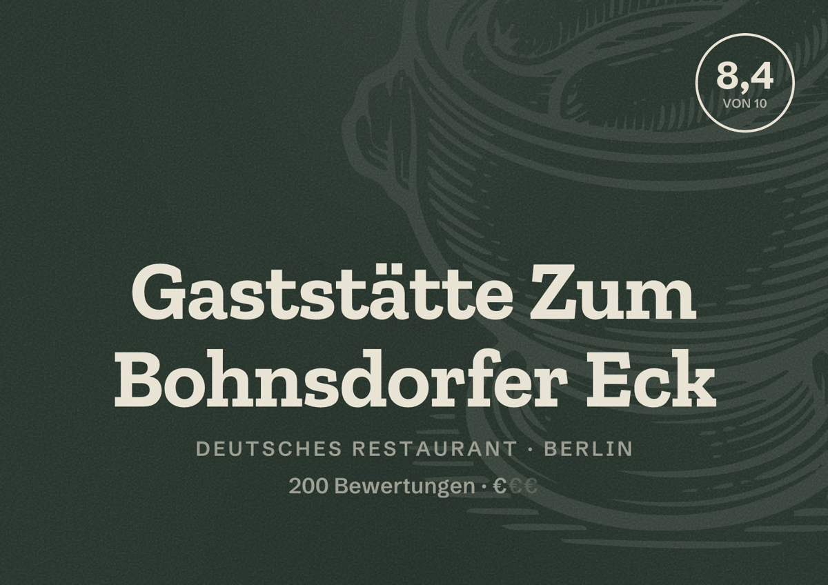 Illustriertes Poster von Gaststätte Zum Bohnsdorfer Eck, Deutsches Restaurant in Berlin: Bewertung 8,4 von 10 aus 200 Bewertungen, Preisniveau €