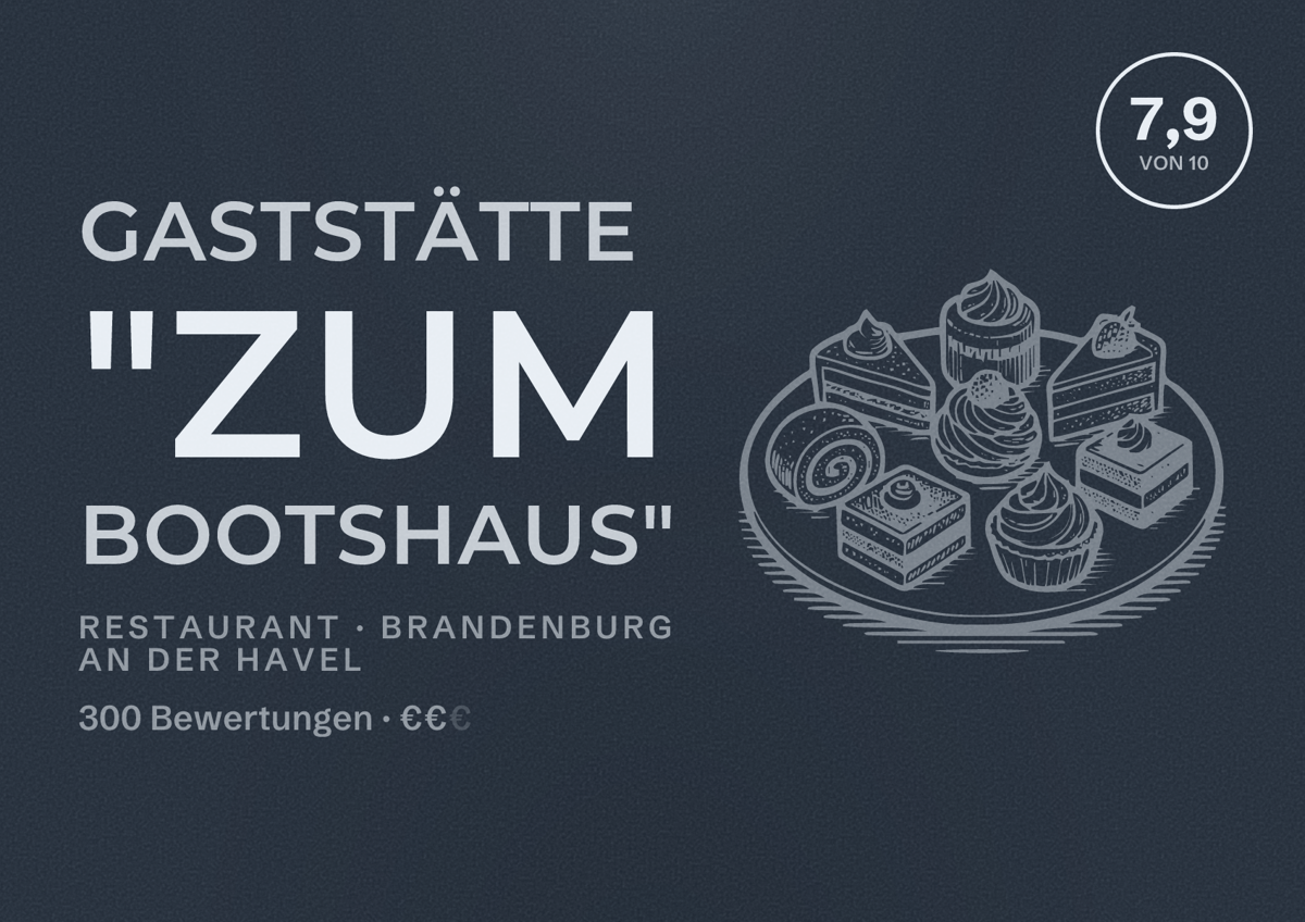 Illustriertes Poster von Gaststätte "Zum Bootshaus", Restaurant in Brandenburg an der Havel: Bewertung 7,9 von 10 aus 300 Bewertungen, Preisniveau €€
