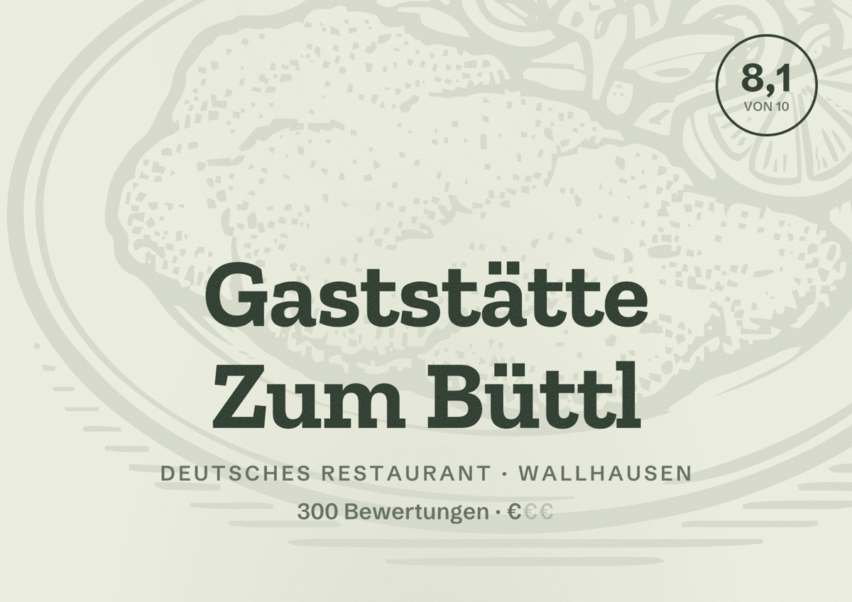 Illustriertes Poster von Gaststätte Zum Büttl, Deutsches Restaurant in Wallhausen: Bewertung 8,1 von 10 aus 300 Bewertungen, Preisniveau €