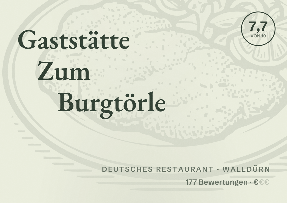 Illustriertes Poster von Gaststätte Zum Burgtörle, Deutsches Restaurant in Walldürn: Bewertung 7,7 von 10 aus 177 Bewertungen, Preisniveau €