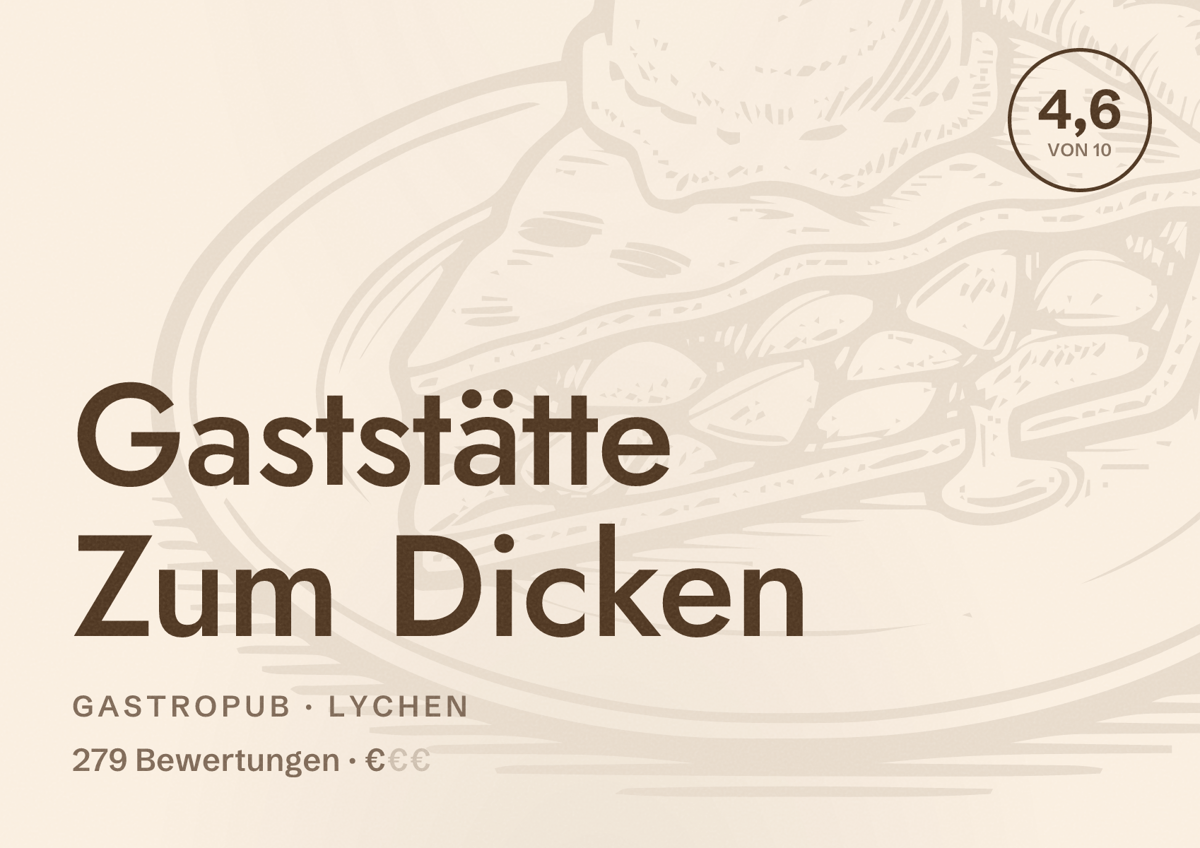 Illustriertes Poster von Gaststätte Zum Dicken, Gastropub in Lychen: Bewertung 4,6 von 10 aus 279 Bewertungen, Preisniveau €