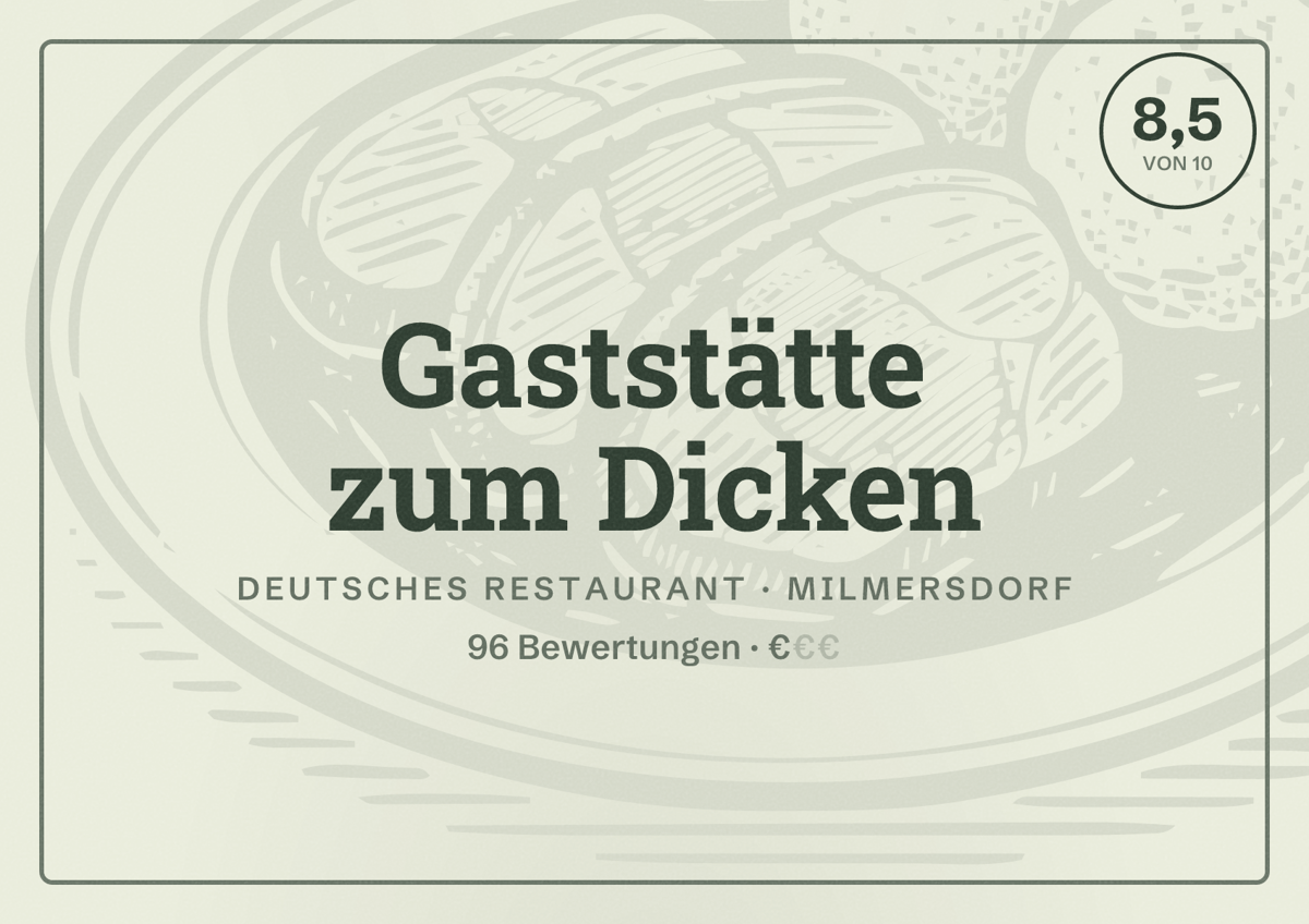 Illustriertes Poster von Gaststätte zum Dicken, Deutsches Restaurant in Milmersdorf: Bewertung 8,5 von 10 aus 96 Bewertungen, Preisniveau €