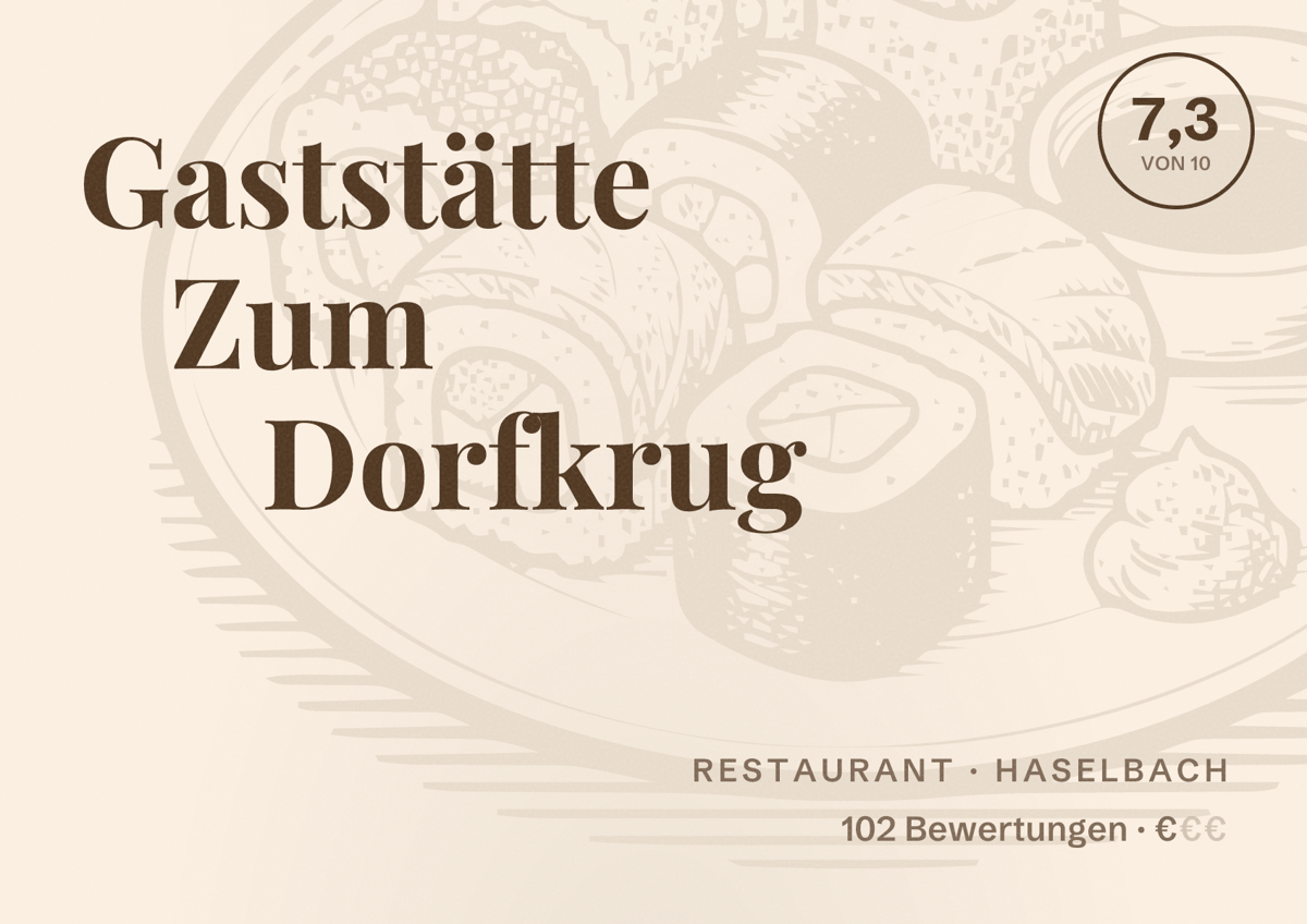 Illustriertes Poster von Gaststätte Zum Dorfkrug, Restaurant in Haselbach: Bewertung 7,3 von 10 aus 102 Bewertungen, Preisniveau €